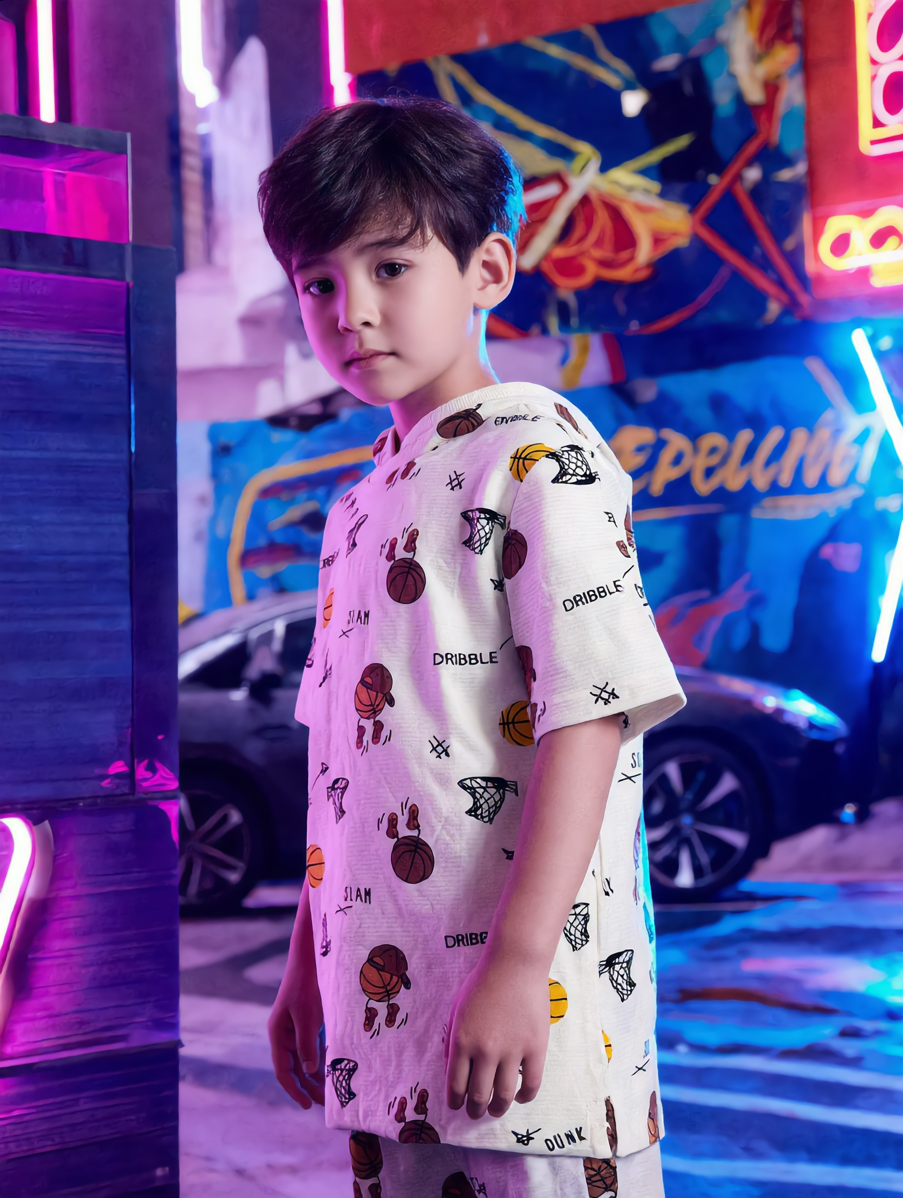 Boys Cream Basketball Print Short-Sleeve Hooded T-Shirt